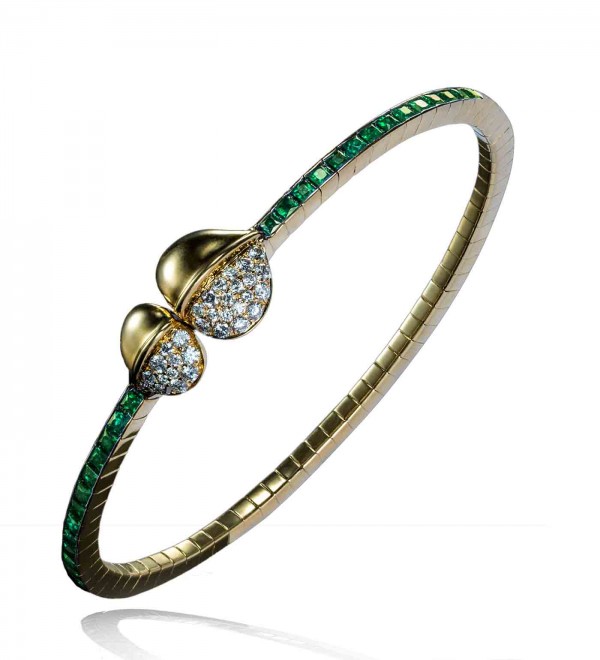 INSIGNIA DOUBLE FEATHER MAGNETIC BRACELET, DIAMONDS AND EMERALD