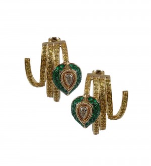 Insignia Feather Hoops, Emerald and Yellow sapphires