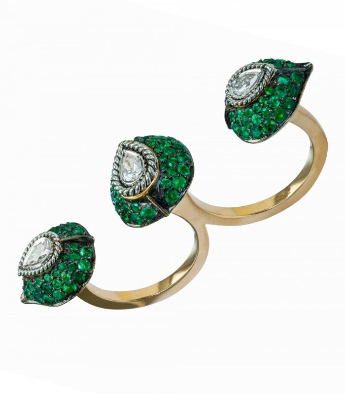 INSIGNIA PEAR TWO FINGER RING, emerald