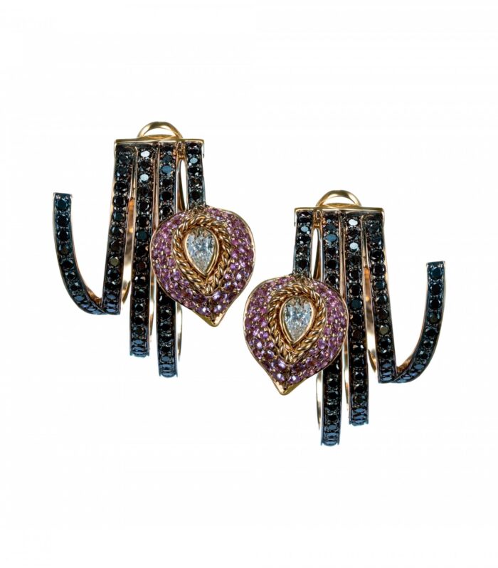 INSIGNIA FEATHER HOOPS, PINK SAPPHIRE AND BLACK Diamonds
